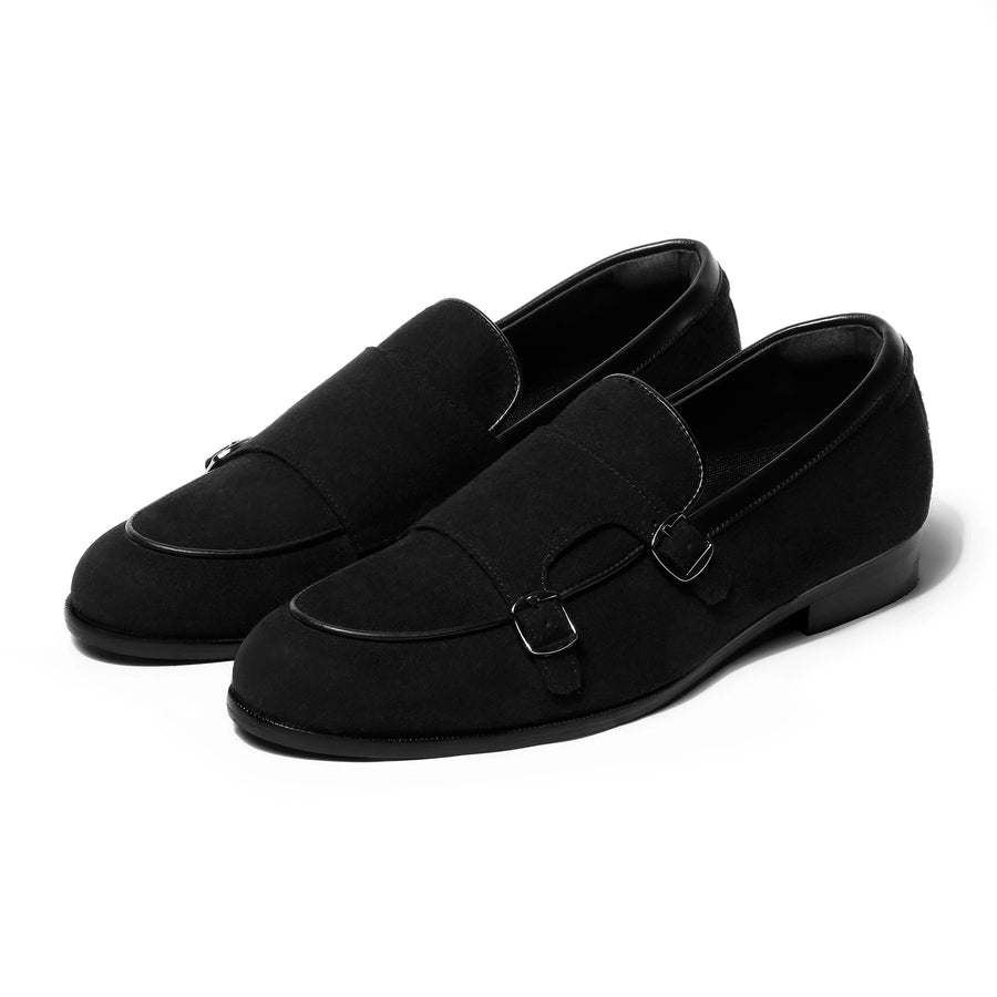 Enzo - Black Suede Double-Monk Loafer - pair front view