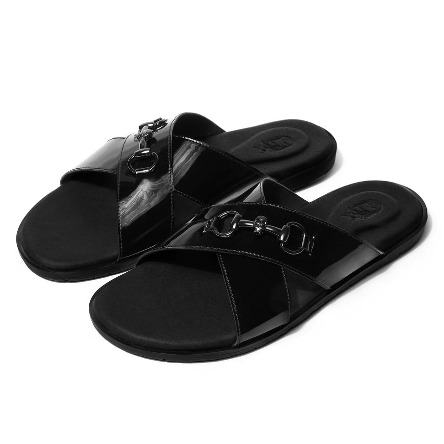 Mirah - Black Patent Horsebit Chappals - pair front view