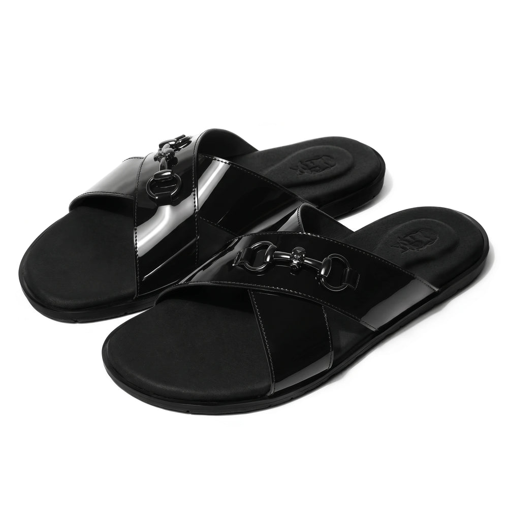 Mirah - Black Patent Horsebit Chappals