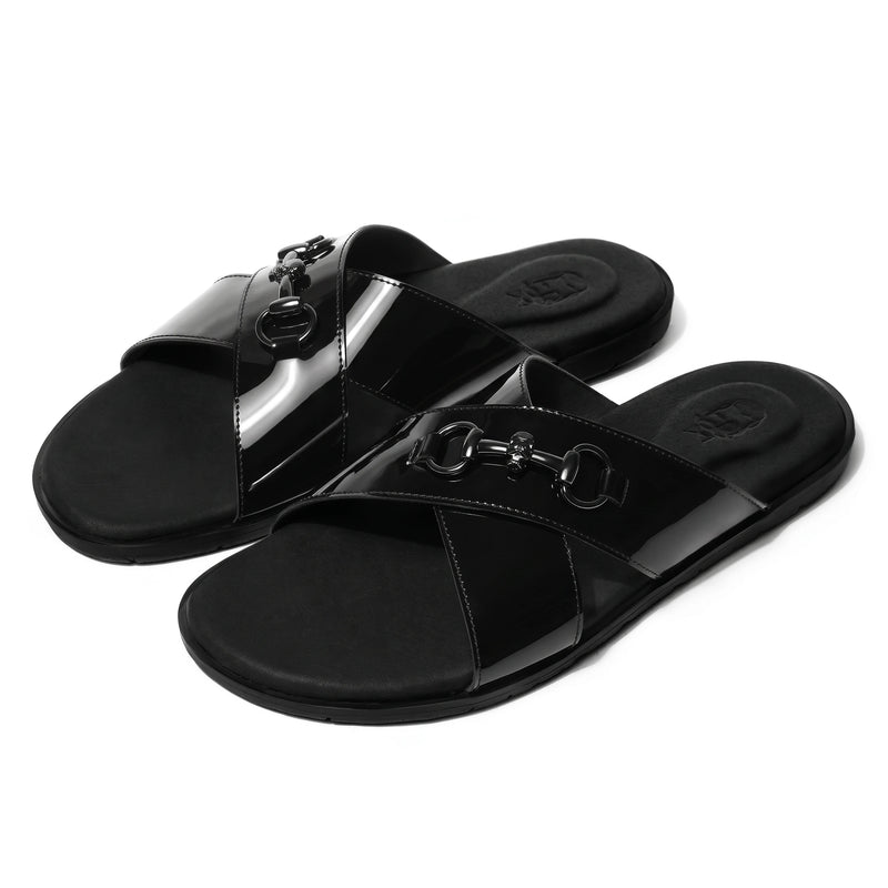 Mirah - Black Patent Horsebit Chappals - pair front view