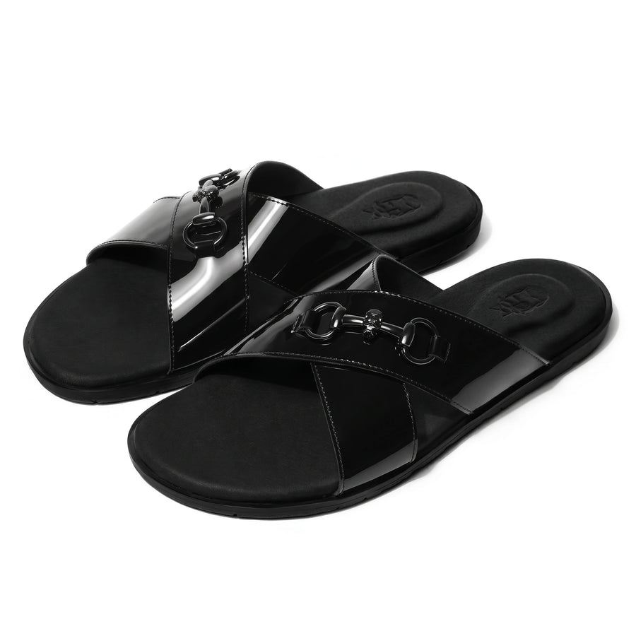 Mirah - Black Patent Horsebit Chappals - pair front view