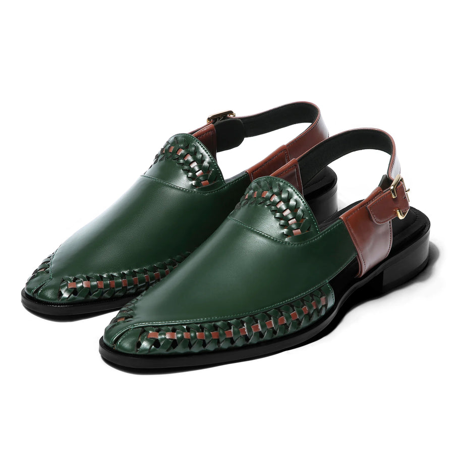 Tanaasha - Green & Tan Peshawari Sandal - pair front view