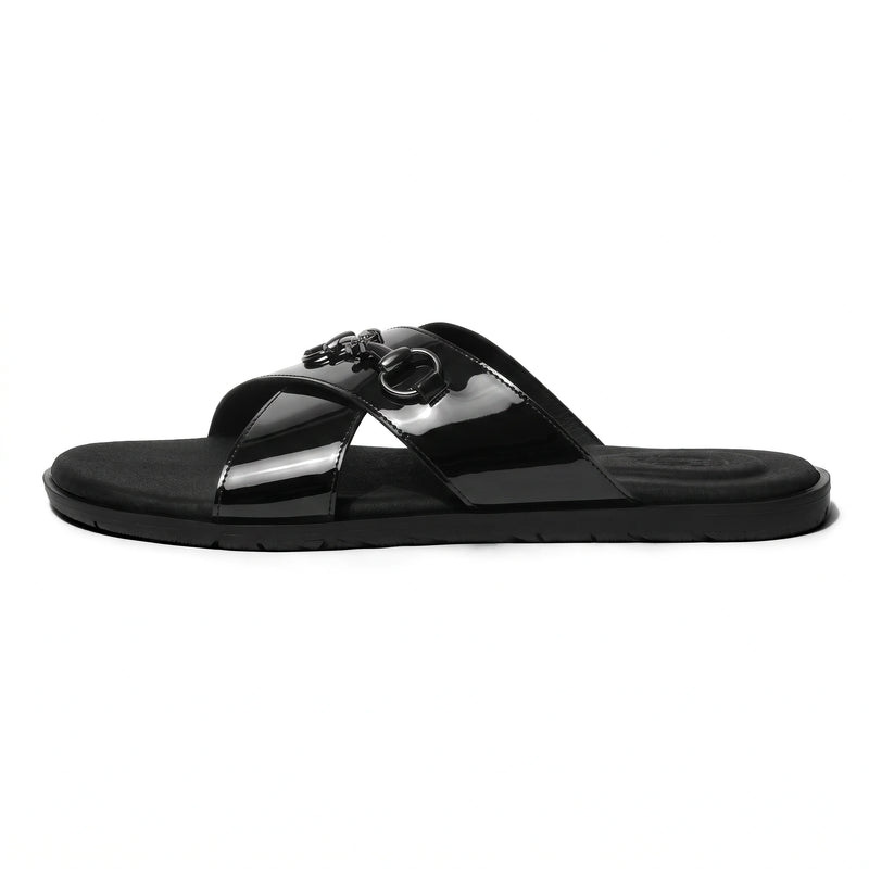 Mirah - Black Patent Horsebit Chappals - side profile