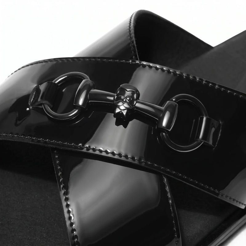 Mirah - Black Patent Horsebit Chappals - detail close-up