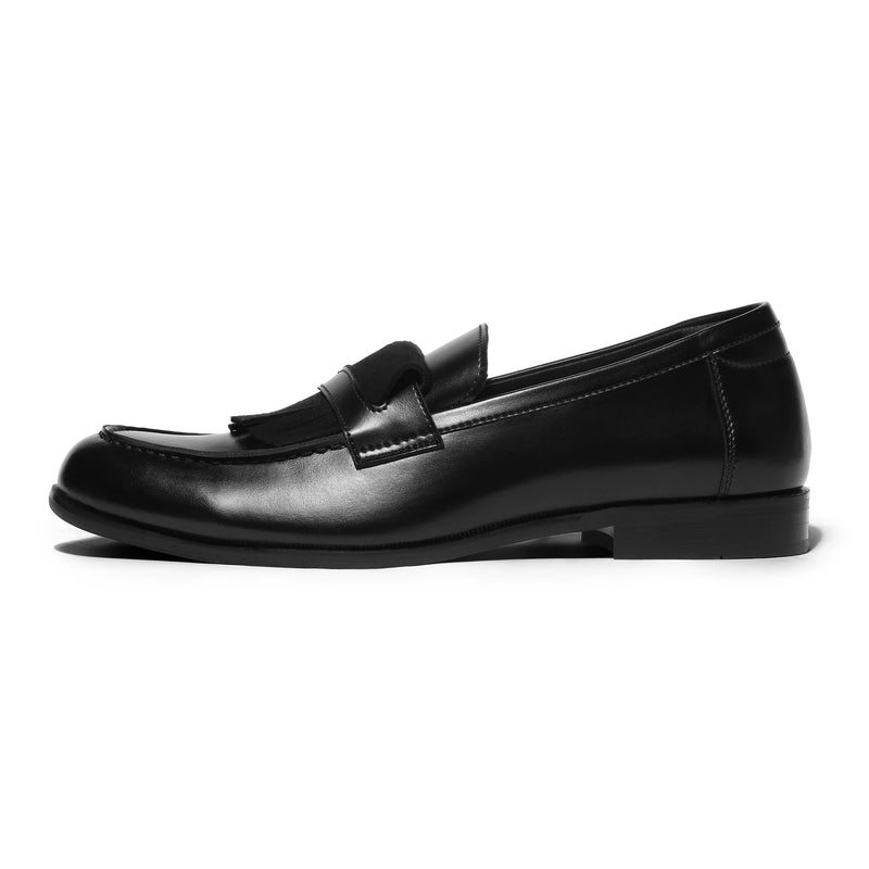 Otto - Black 2-Way Penny Loafer - side profile (with fringe)