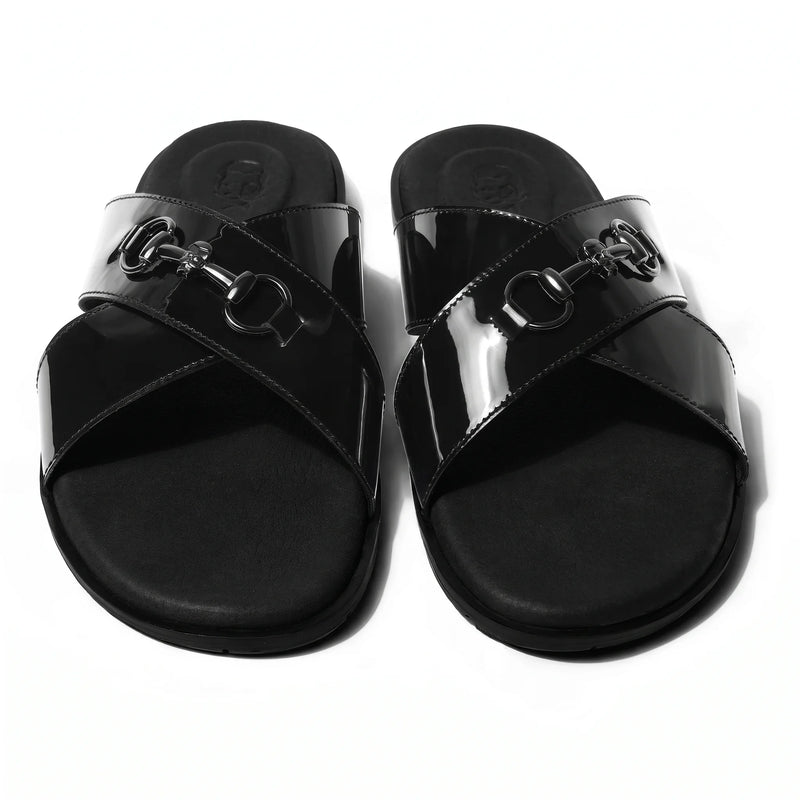 Mirah - Black Patent Horsebit Chappals - pair toe view