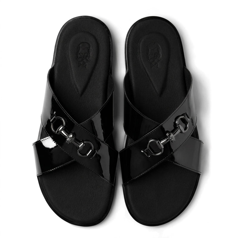 Mirah - Black Patent Horsebit Chappals - top view