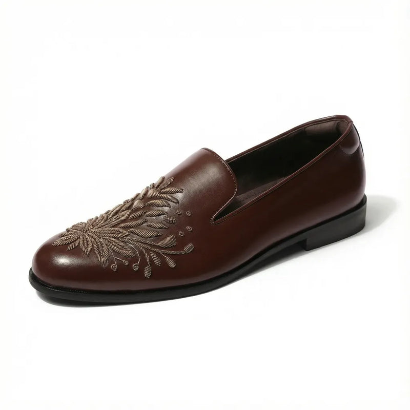 Khizaan | Dark Tan Zardozi Loafers