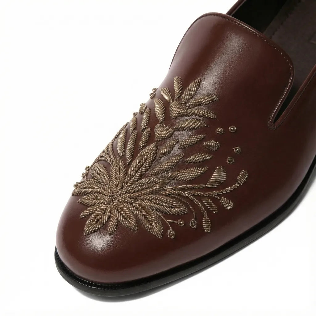 Khizaan | Dark Tan Zardozi Loafers