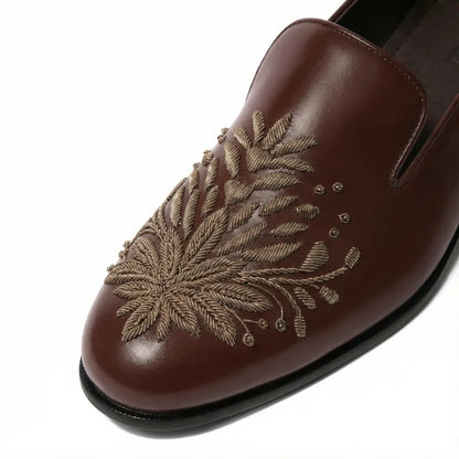 Khizaan | Dark Tan Zardozi Loafers