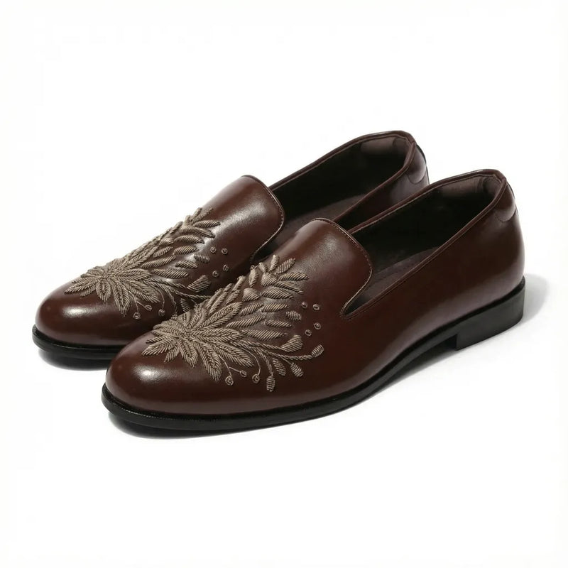 Khizaan | Dark Tan Zardozi Loafers