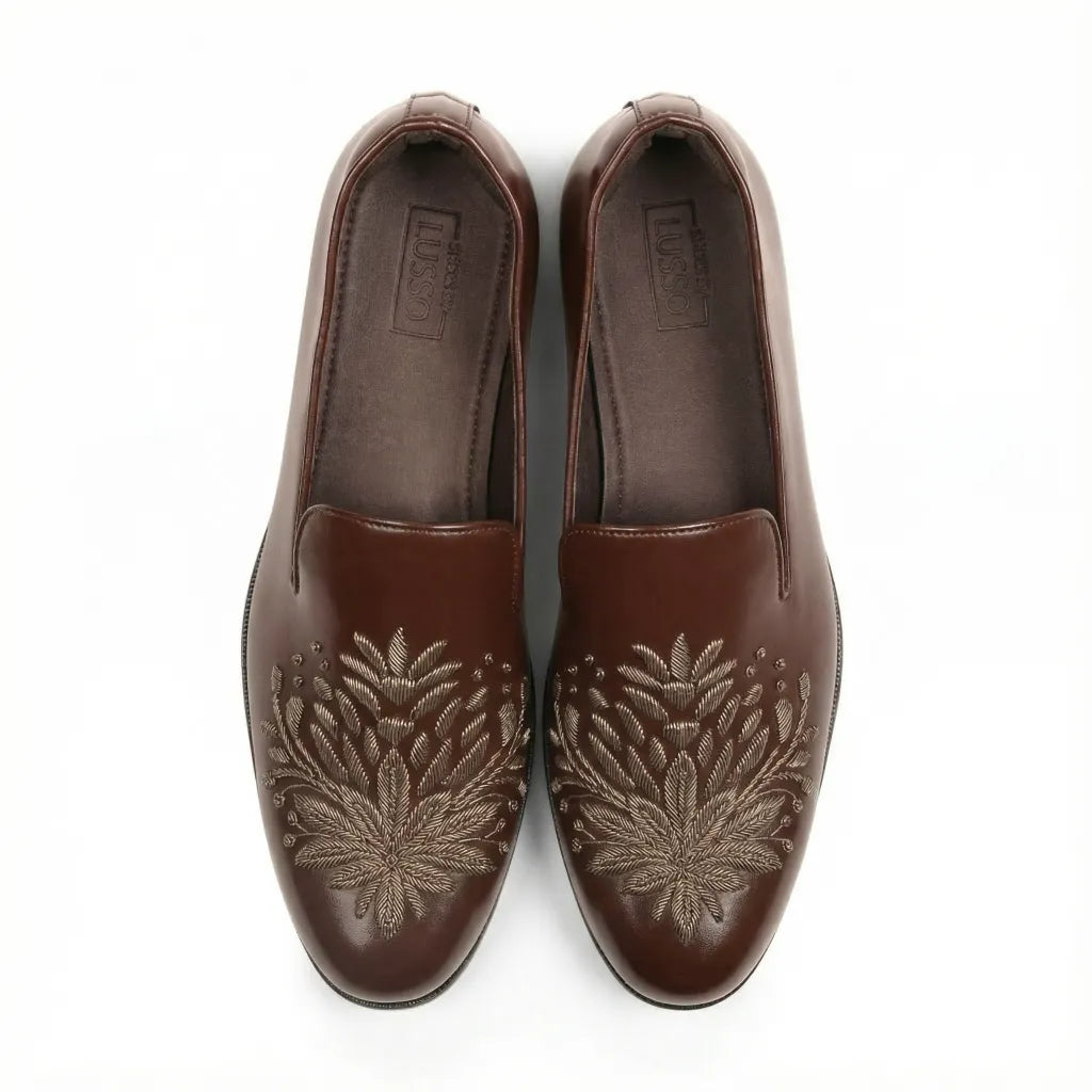 Khizaan | Dark Tan Zardozi Loafers