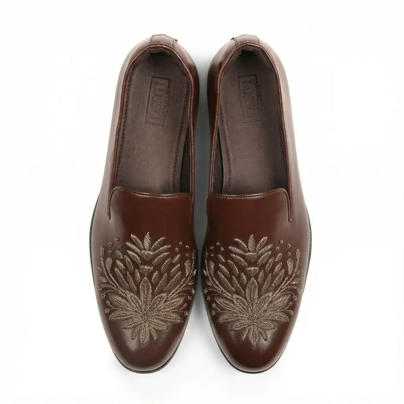 Khizaan | Dark Tan Zardozi Loafers