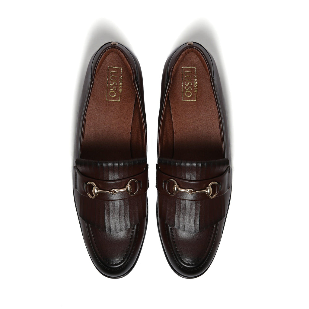 GUSTOSO DARK TAN | GOLDEN HORSEBIT FRINGE SLIP-ON - By Lusso