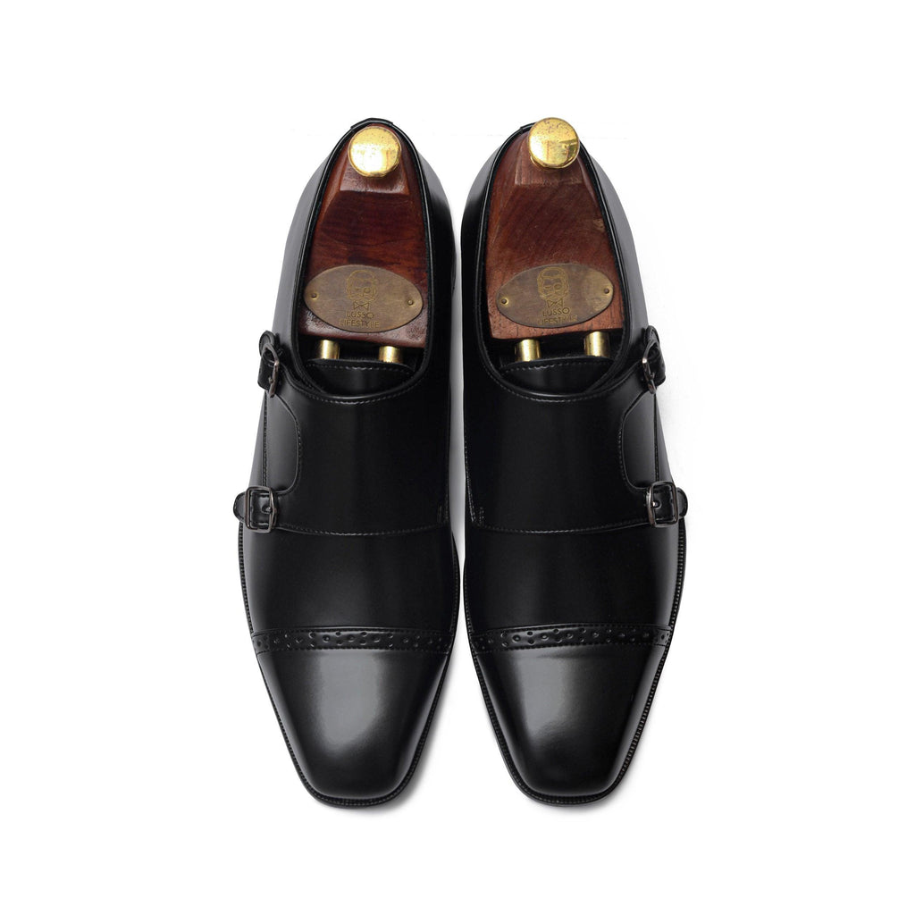 BENJAMIN | BLACK SQUARE TOE DOUBLE MONK - By Lusso