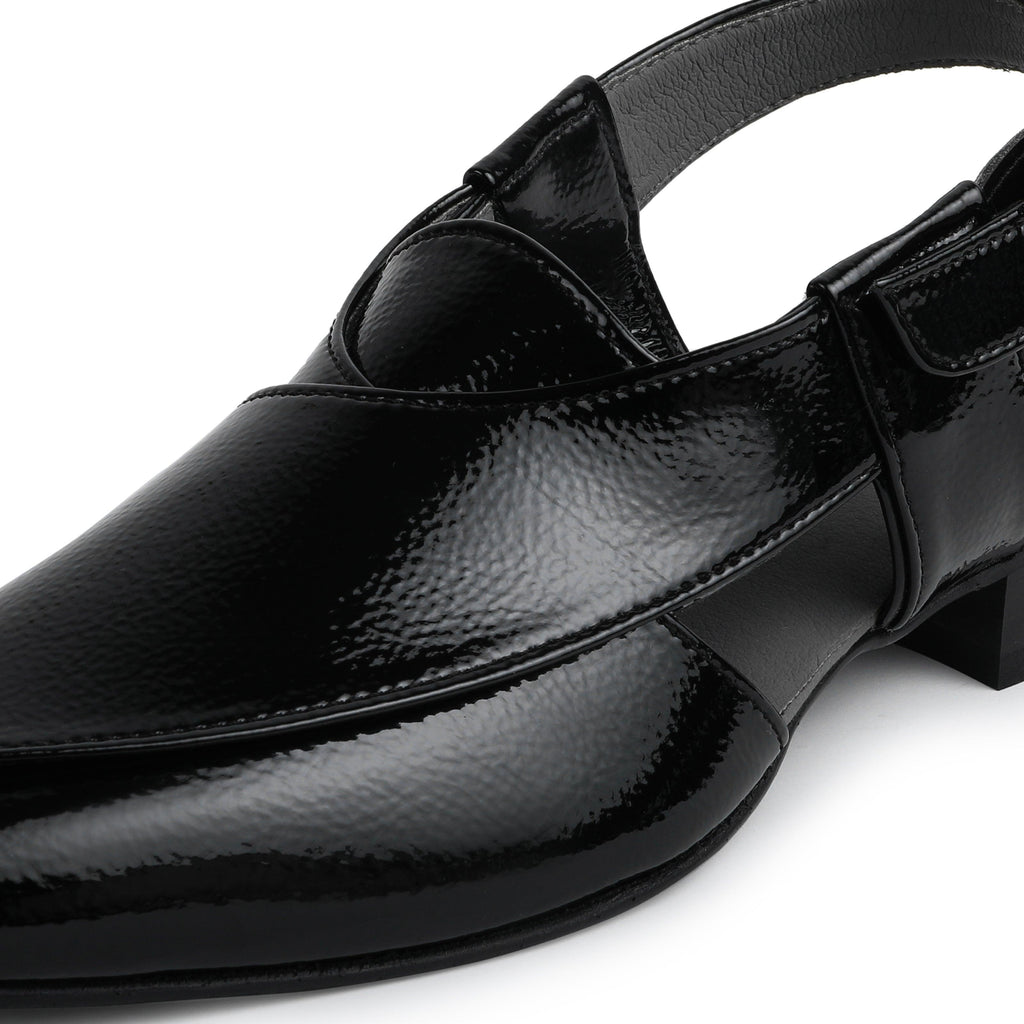 Peshawar | Patent Black Pathani Sandal - By Lusso