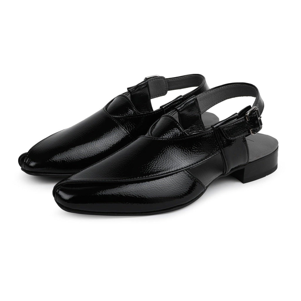 Peshawar | Patent Black Pathani Sandal - By Lusso