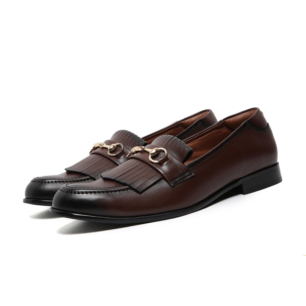 Gustoso Dark Tan | Golden Horsebit Fringe Slip-On