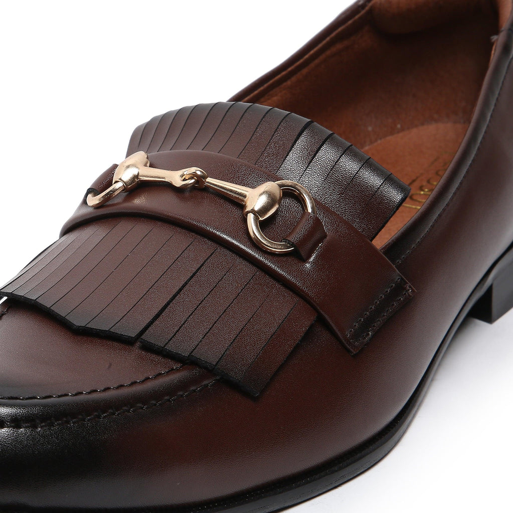 GUSTOSO DARK TAN | GOLDEN HORSEBIT FRINGE SLIP-ON - By Lusso