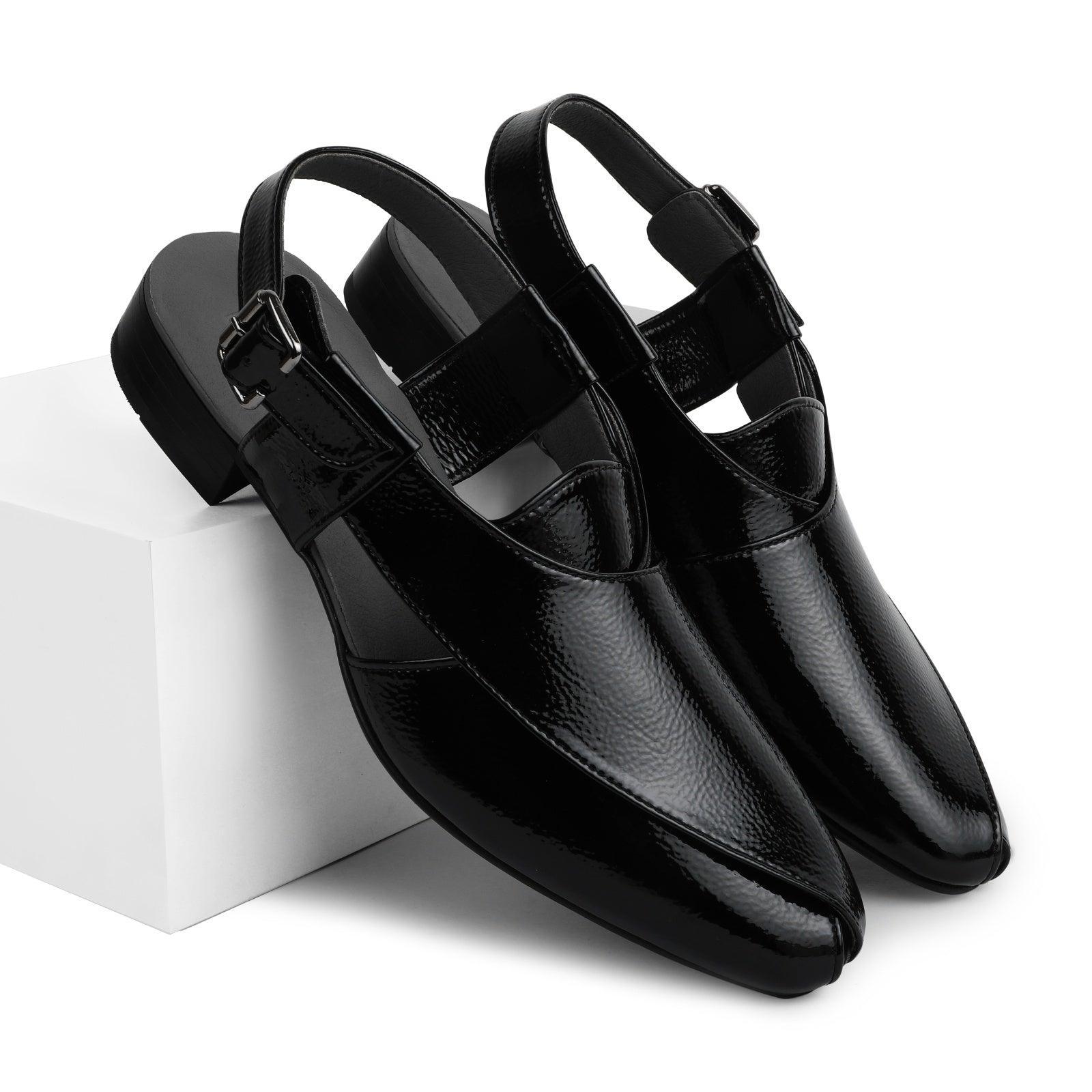 Buy Peshawar Patent Black Pathani Sandal Premium Vegan Leather Shoes